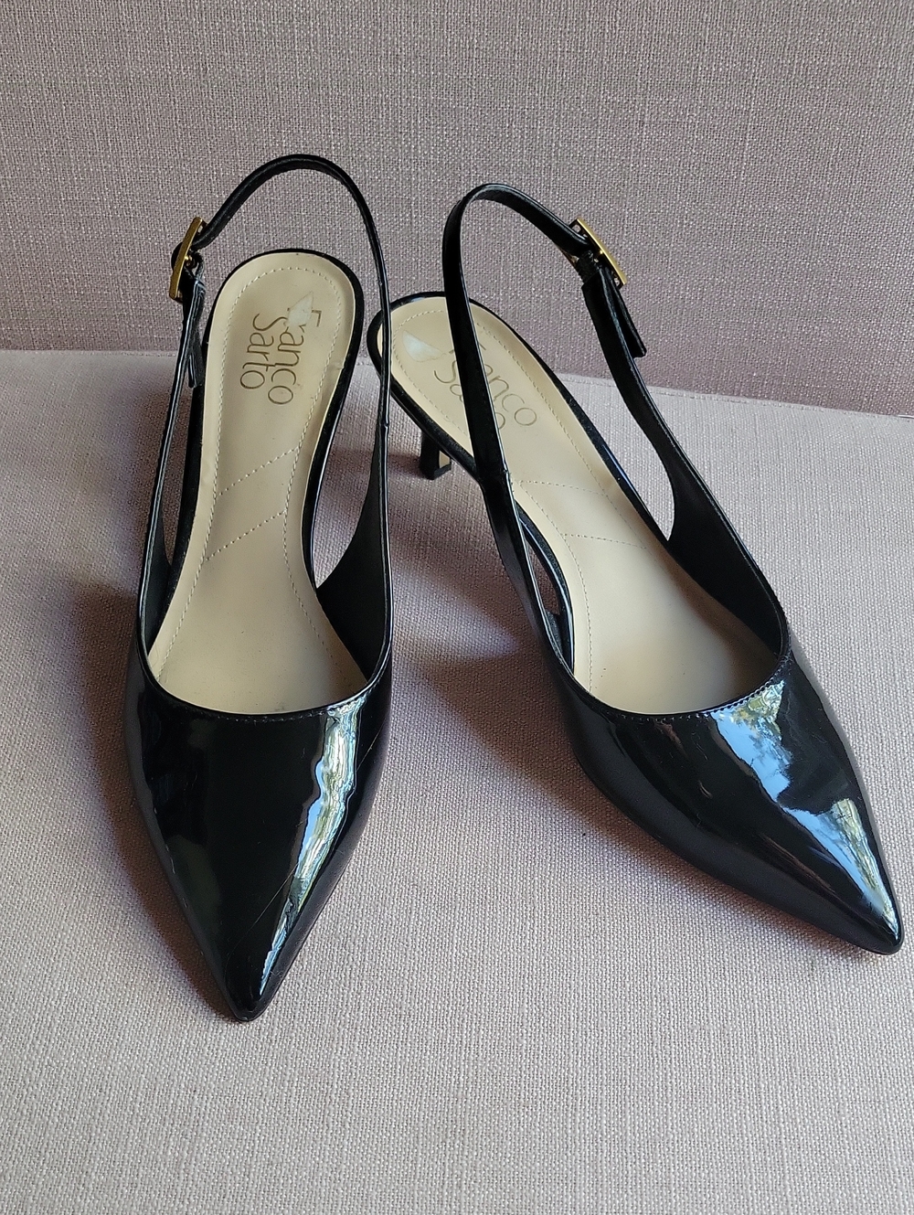 Franco Sarto Black Patent Slingback Pointed Toe Kitten Heels Size 8